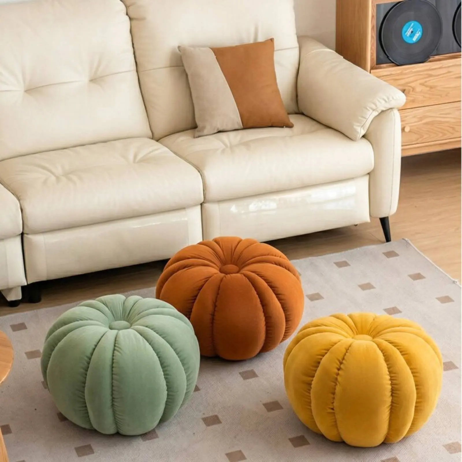 Pumpkin Stool Multi Functional Pumpkin Ottoman Velvet Ottoman Cushioned Home Furniture Space Saving for Living Room, Bedroom