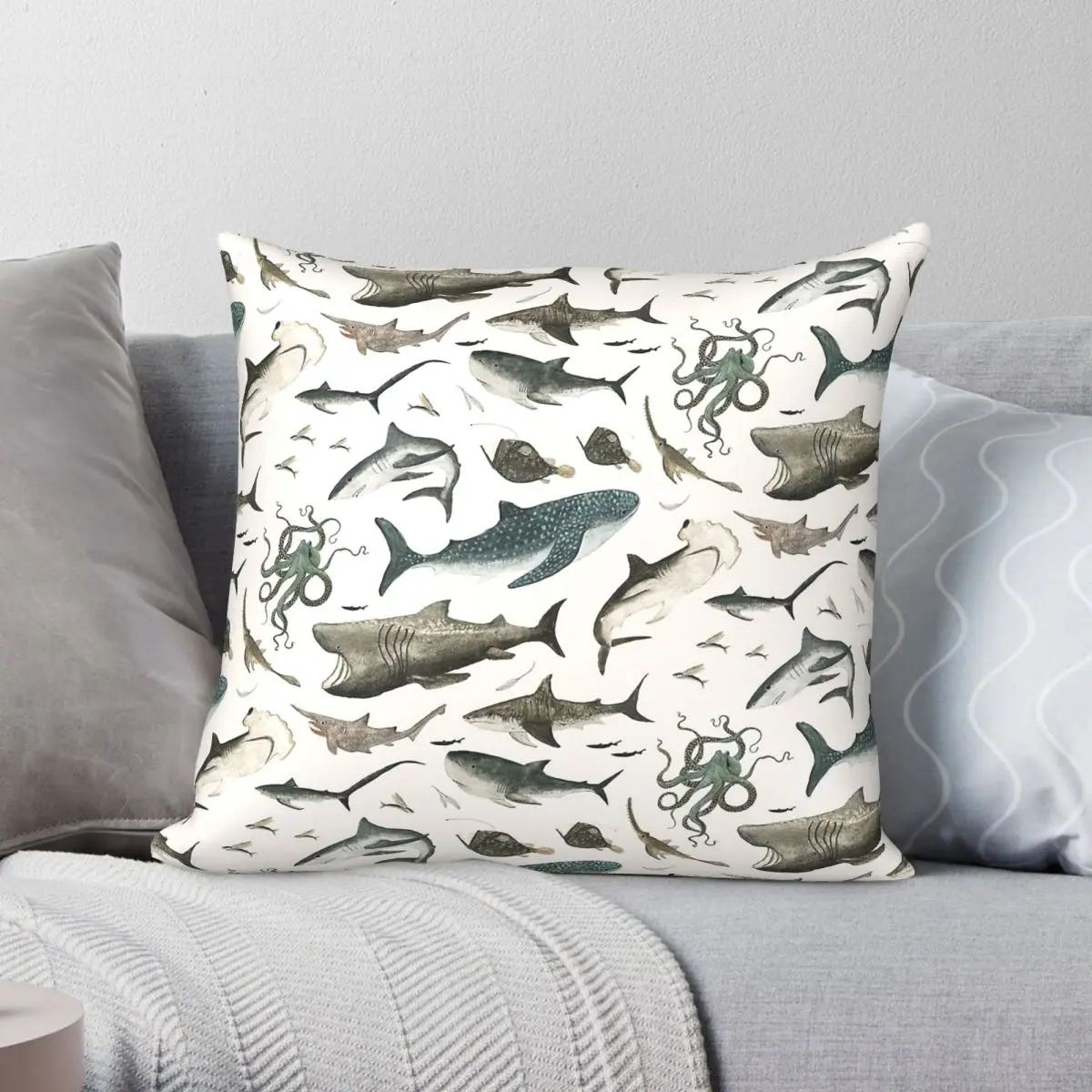 Sharks Swimming Square Pillowcase Polyester Linen Velvet Creative Zip Decorative Car Cushion Cover