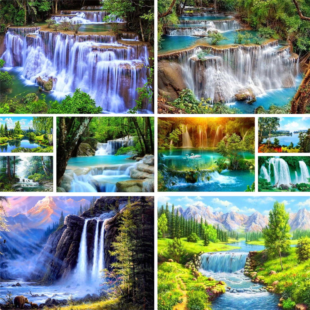 Landscape Waterfall Scenery Pre-Printed Cross-Stitch Set DIY Embroidery Craft Knitting Painting Handmade Mulina Magic Wholesale