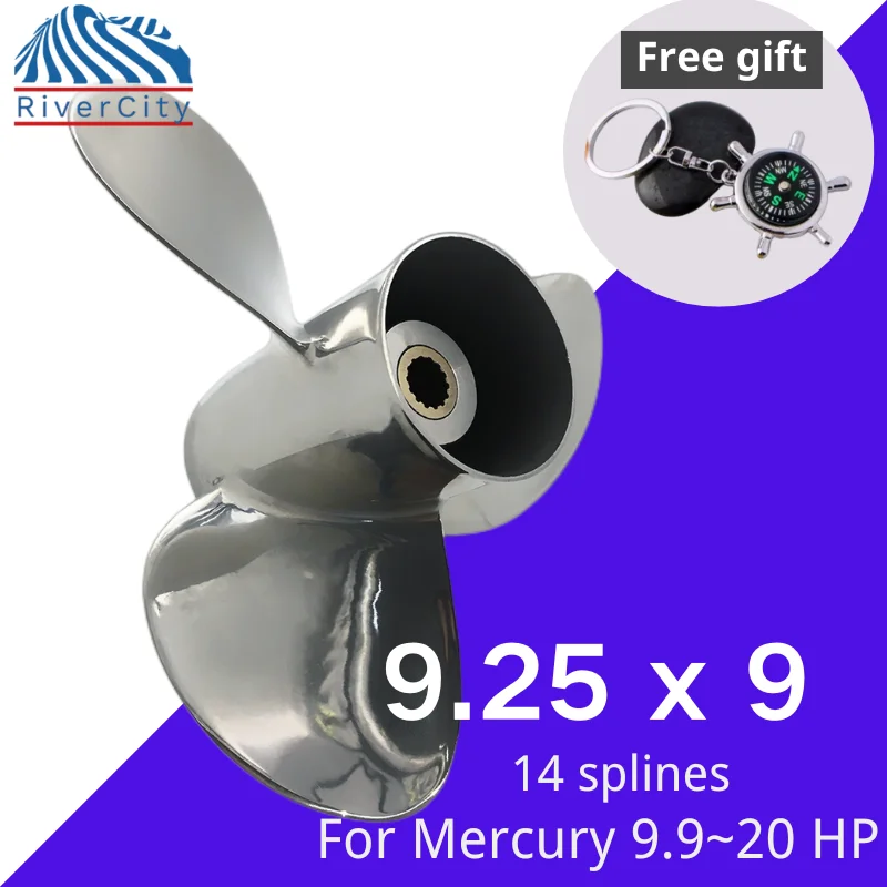 9.25*9 Outboard Propeller For Mercury 9.9hp 15hp 20hp Boat Stainless Steel Screw 3 Blade 14 Spline Marine Engine Part