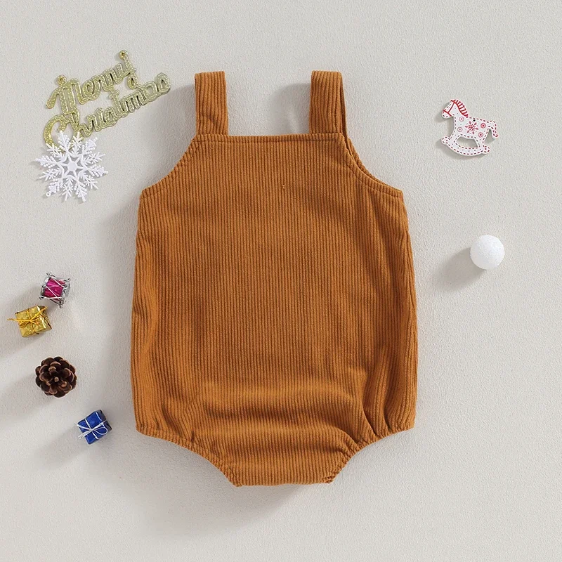 Baby Boys Girls Christmas Bodysuits Cartoon Elk Patchwork Sleeveless Button Corduroy Jumpsuits Newborn Clothes