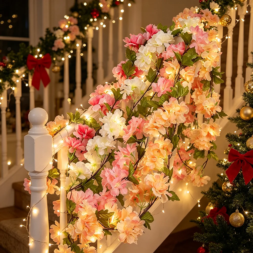 5 Stück Künstliche Kirschblüten-Ranken, Künstliche Hängende Kirschblüten-Pflanzen für Heim, Garten, Wand, Zaun, Hochzeitsdekoration – Detail 4