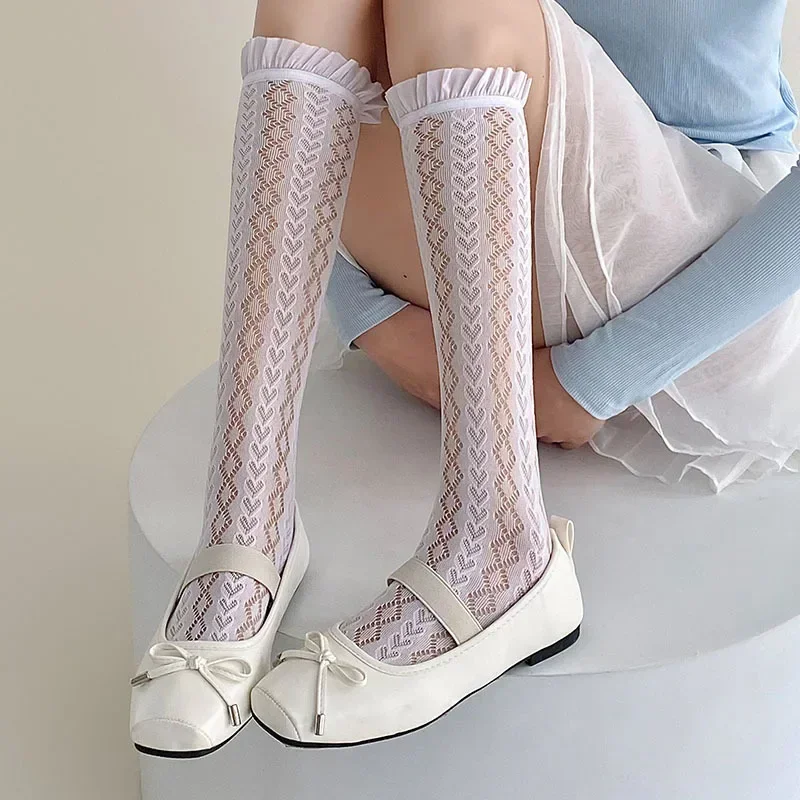 Ruffle Socks Women Hollow Out Sexy Lace Mesh Fishnet Stockings Knee Socks JK Lolita Sweet Girls Cute Long Socks Women Stockings