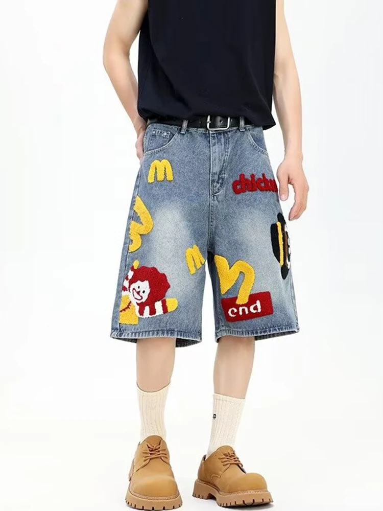 

Retro Streetwear Men's Loose Fit Embroidered Denim Shorts Five-Quarter Length American Trendy Wear Resistant Summer Jeans