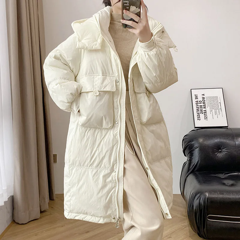 Women's Winter Long Length Duck Down Puffer Coat Lightweight Plush Fitted Waist Warm Down Outerwear New Ropa Mujer