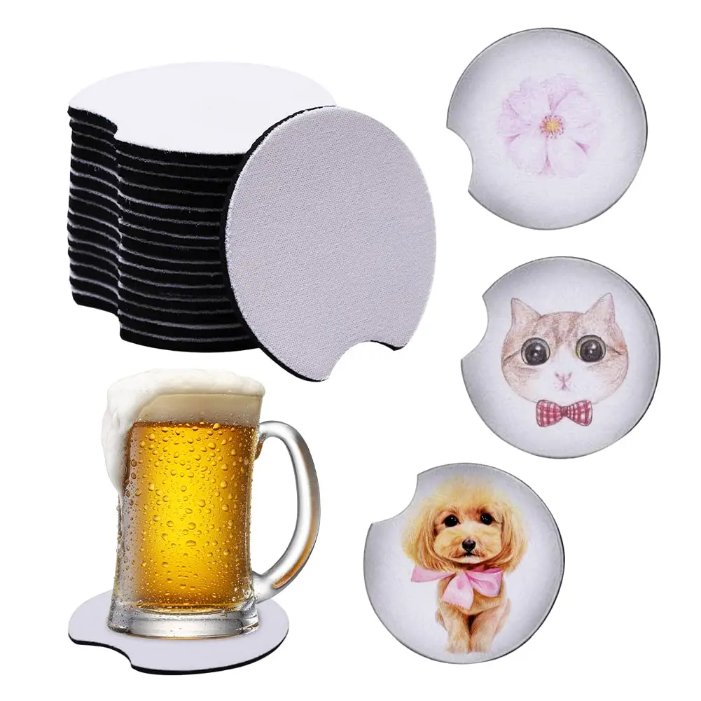 

20pcs Sublimation Blanks Car Coasters DIY Painting Cup Coasters Circular Opening Cup Holder Pad for Printing Picture DIY Crafts