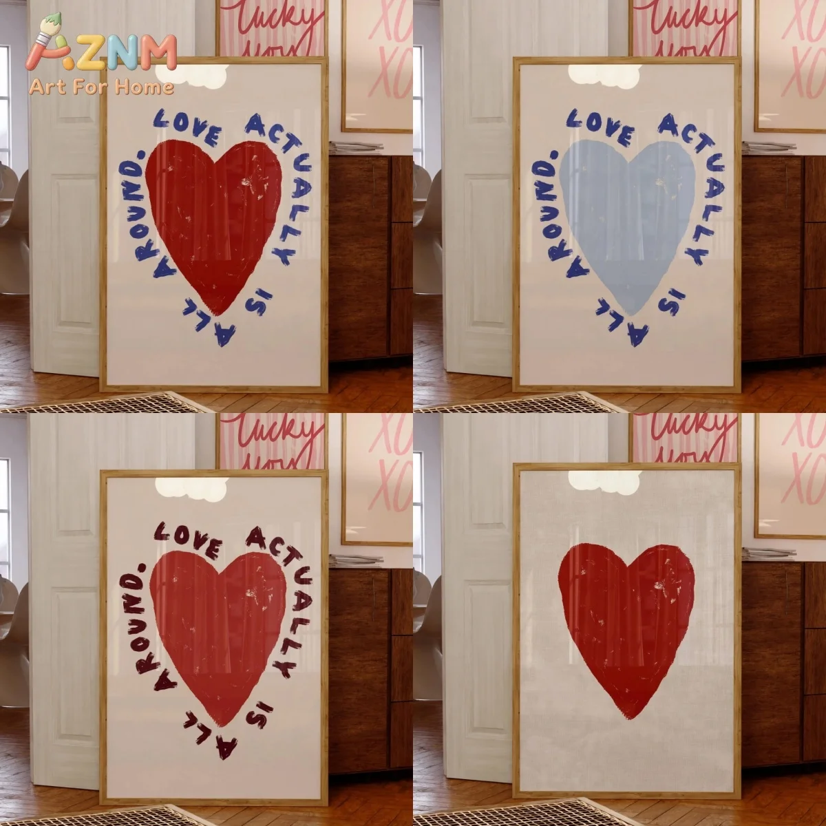 AZNM Love Actually Is All Around Heart, impression sur toile, lettrage rétro dessiné à la main, affiche murale romantique sans cadre, pour chambre de la Saint-Valentin H