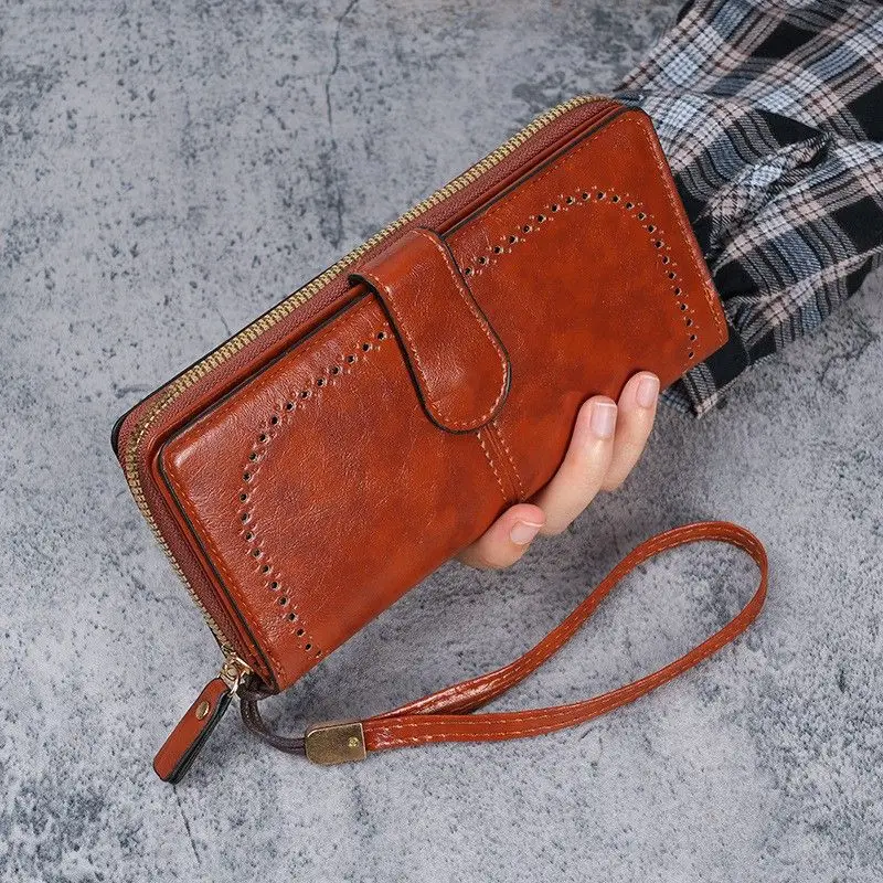

Вощенный масляный кошелек в стиле ретро из искусственной кожи, большой женский длинный кошелек Capaci, подходит для ежедневного использования