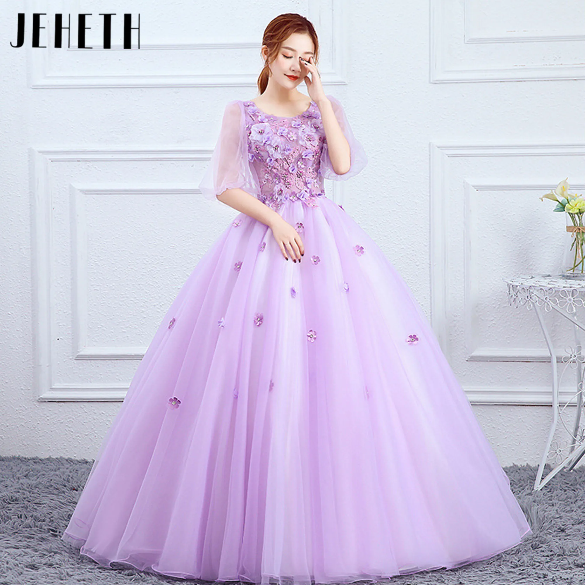 

Elegant Light Purple Prom Dress 3D Flowers Tulle Women Ball Gown Puff Sleeves Appliques Birthday Party Gowns Vestido De Noche