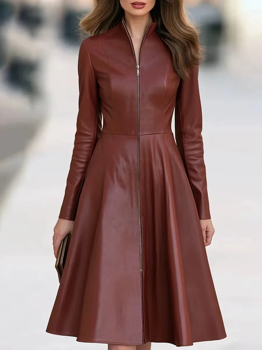 Women PU Leather Stand Collar Long Sleeve Midi Dress Retro Fitted Waist Flared Skirt Elegant Party Casual Outfit