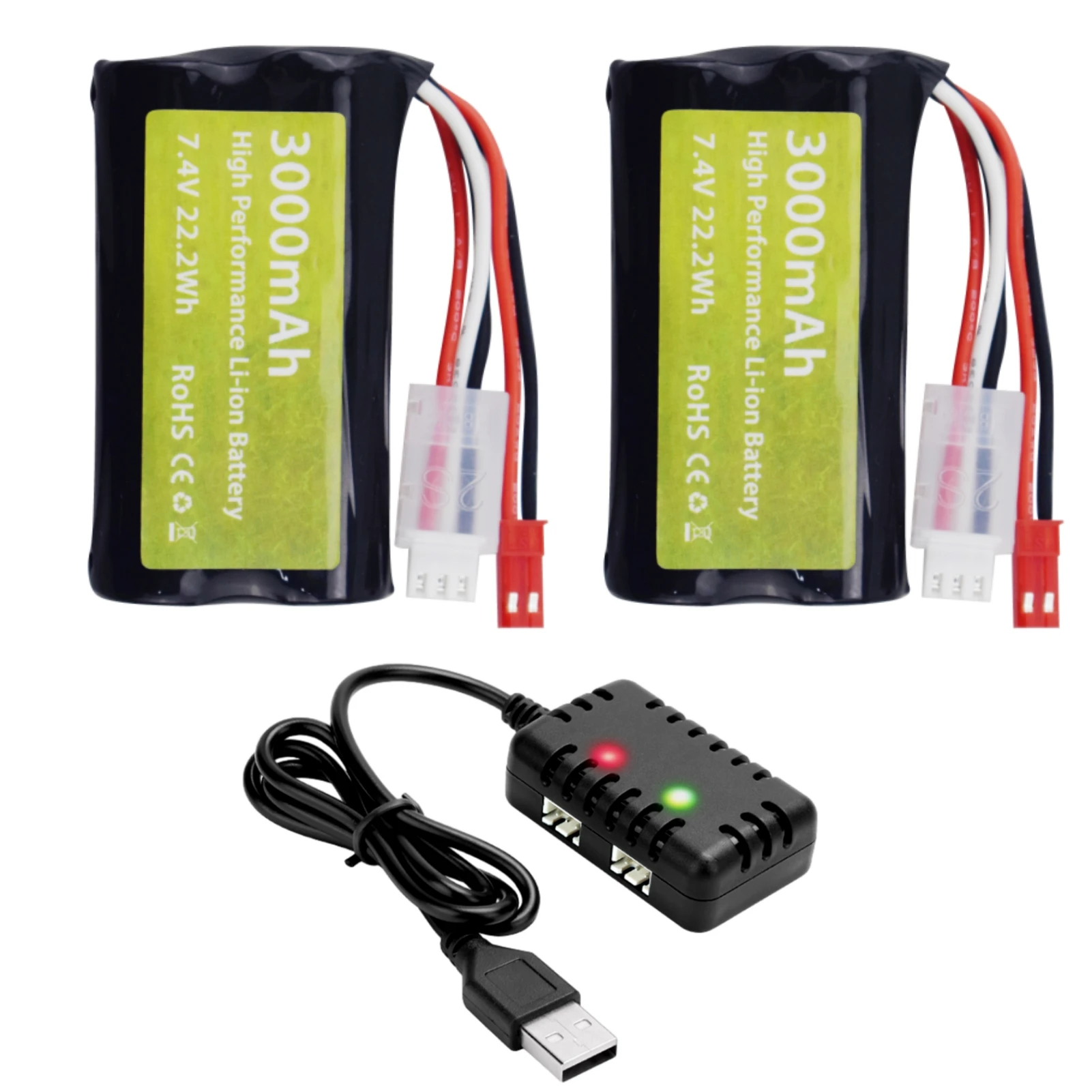 2PCS 7.4V 3000mAh JST-2P Plug Li-ion Battery+2-in-1 Charger For UDIRC UD1601 UD1602 SG1603 RC Car,1/10,1/12,1/16 Ratio RC Truck