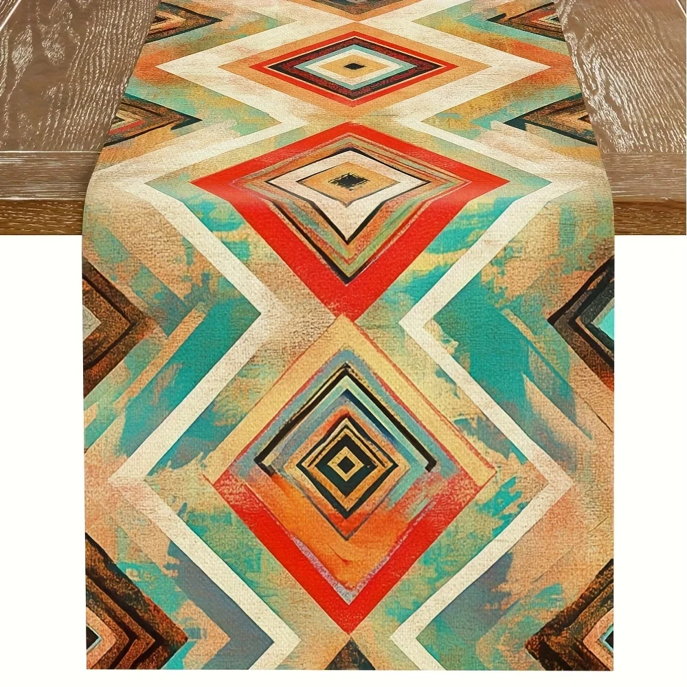 1 x geometrischer Vintage-Tischläufer – rechteckiges Design für alle Jahreszeiten, perfekt für Retro-Heimdekoration