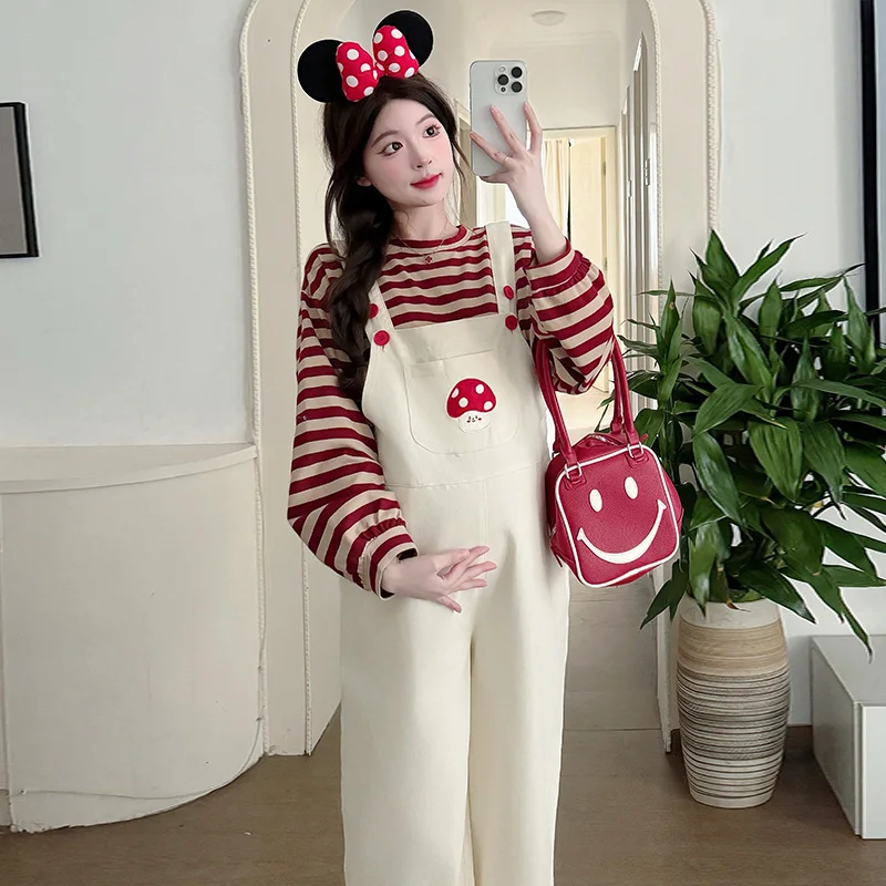 

Loose Straight Jumpsuit Pregnancy Sets 25SS Maternity Spring Cute Korean Style Casual Denim Overalls Striped Top Suit Wide Leg