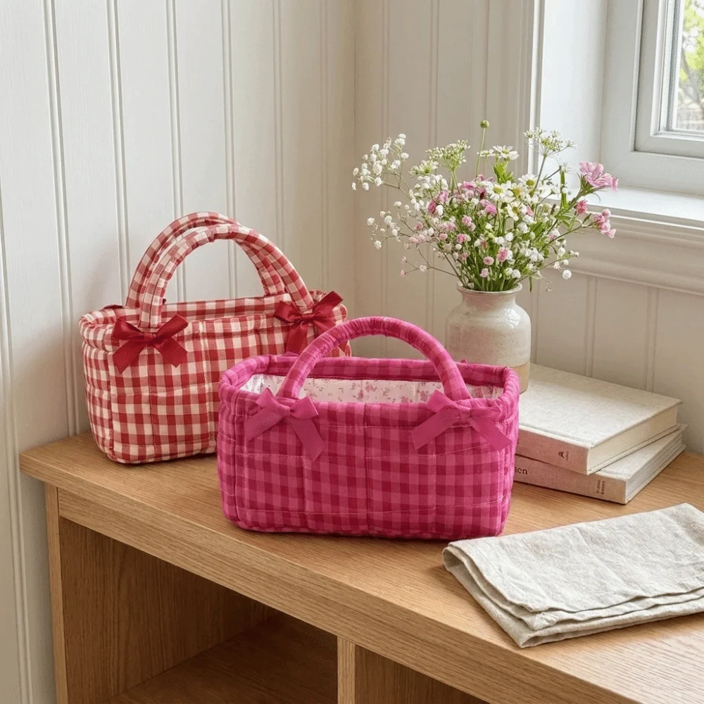 Vintage Quilted Craft Lunch Bag Plaid Design Bow Decor Picnic Bag Small Size Portable Handle Cosmetic Storage Bin Commute