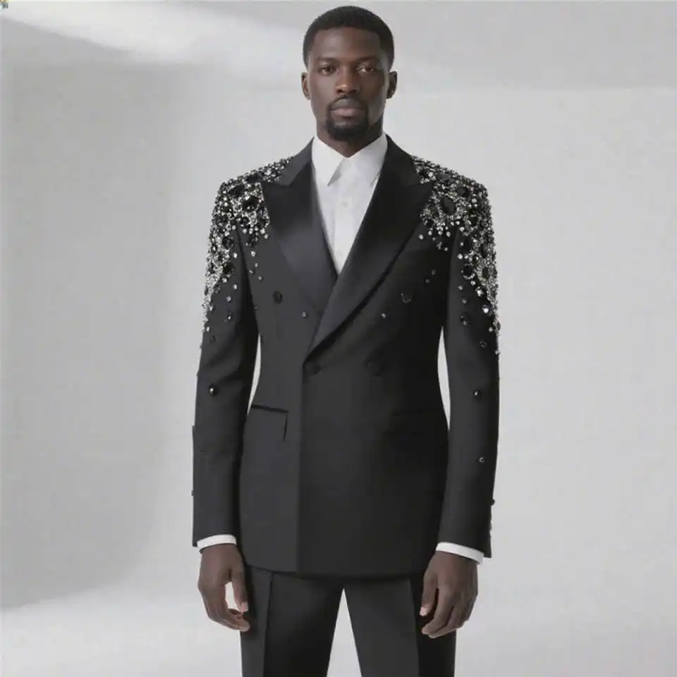 Plus Size Wedding Tuxedos Peaked Lapel 2 Piece Set Men Suit Luxury Crystal Jacket Pant Evening Blazer Banquet Customized