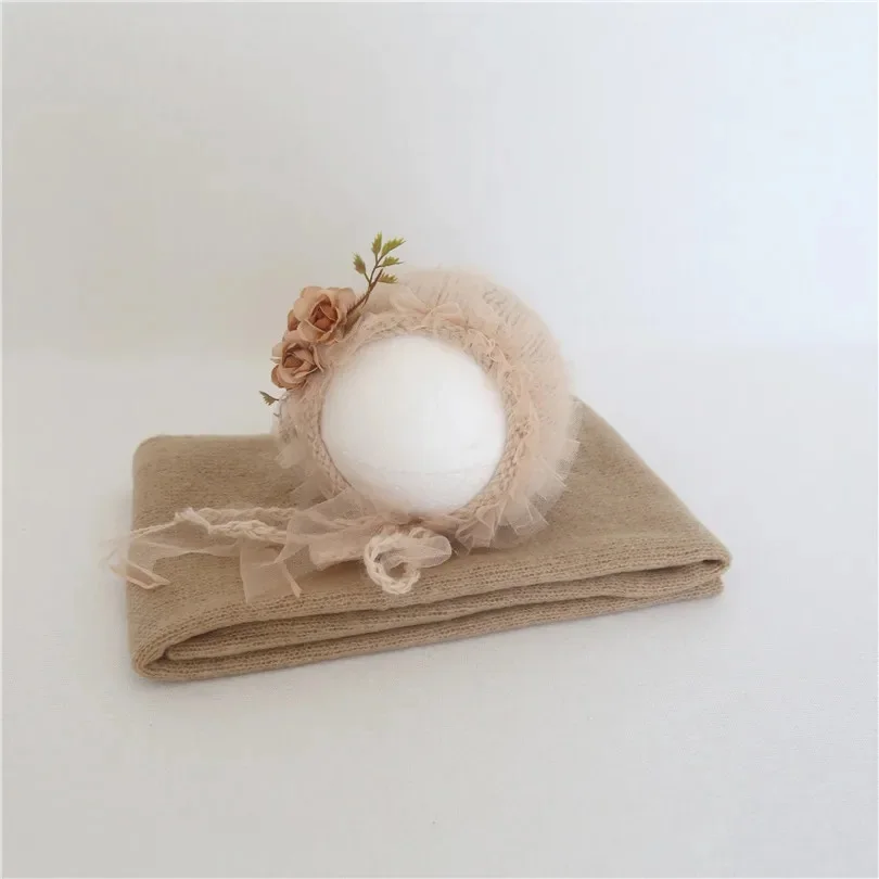 ชุดถ่ายภาพเด็กแรกเกิด 3 ชิ้น ผ้าถักไหมพรมยืดสไตล์วินเทจ ผ้าคลุมศีรษะลายดอกไม้ หมวกบอนเน็ต และที่คาดผม