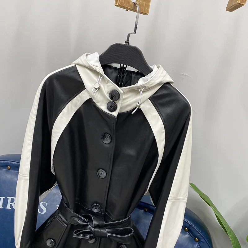 Lederen Capuchon Dames Jaet Bla Witte Kleur Blo Loose Fit Herfst Winter Nieuwe Sle Lange Sve Halflange Jas eepskin