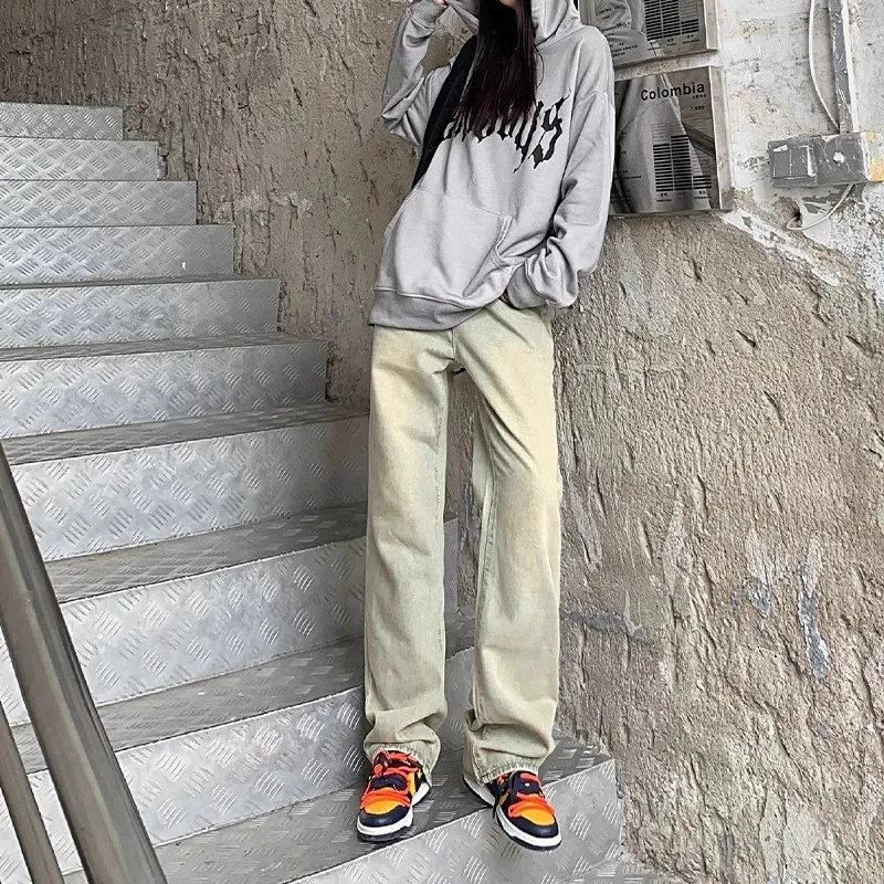 American High Street Men's Jeans Spring Autumn Loose Straight Leg Casual Trousers Yellow Mud Color Wide Leg Pants