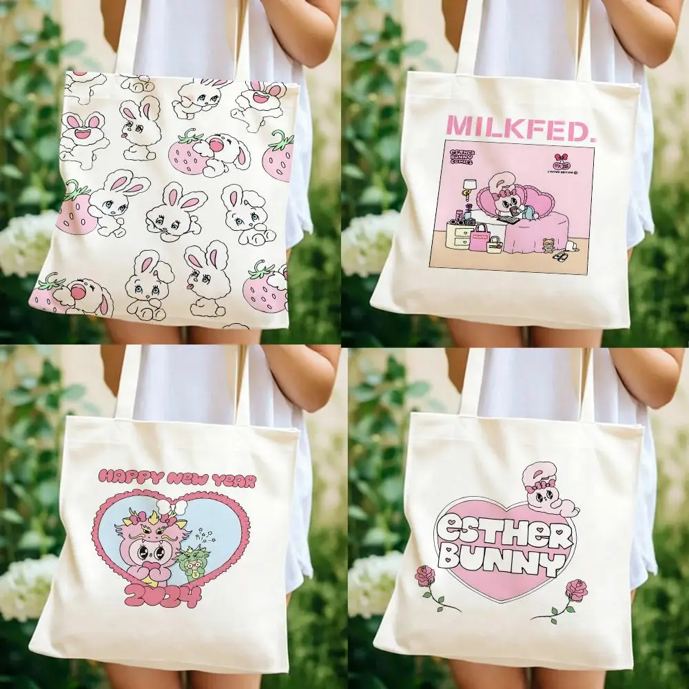 H-happy E-esther Bunnys Storage Bags Canvas Bag lightweight canvas tote is ideal for daily use, shopping and travel
