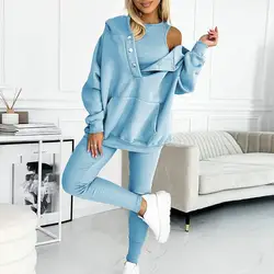 Tuta da donna con cappuccio manica lunga tasca Pullove Top da donna in 3 pezzi con cappuccio gilet pantaloni Set morbido e spesso caldo elastico in vita sport