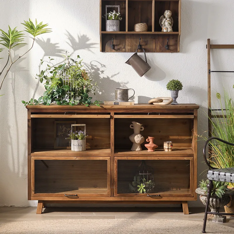 retro bucket cabinet glass solid wood cabine, multi-layer storage teacabinet, small apartment corner old locker dining side ca