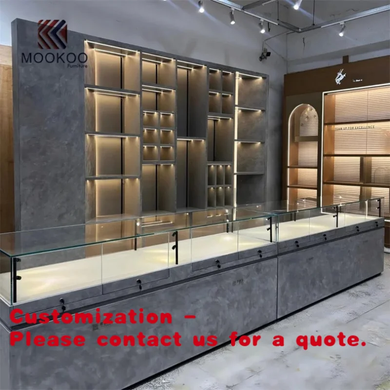 custom.High-End Micro Cement Jewelry Display Cabinet Set Wall Mounted Display Shelf with Led Lighting Luxury Store