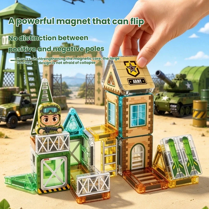 Magnetic Tiles Building Blocks Set Military Theme Castle DIY 3D Magnet Bricks STEM Educational Montessori Toys Gift