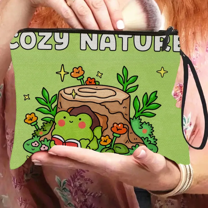Cozy Natural Zipper Pouch Showcasing Design of Frog on Tree Stump Surrounded by Flowers Perfect for Women Summer Bag