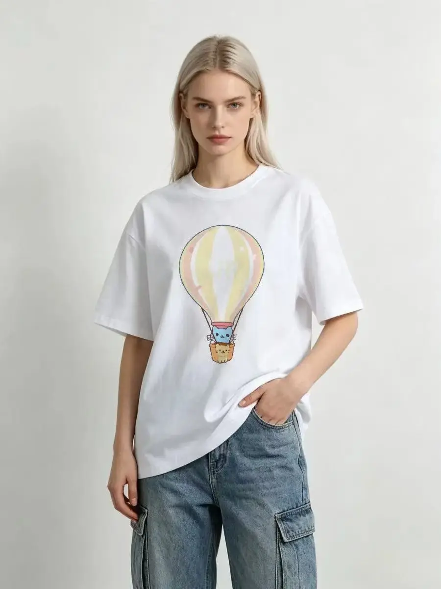 Fun Cat Cartoon Hot Air Balloon Print White Classic Style Basic T Shirts Woman Casual T-shirt Female Clothes Short Sleeve Tops