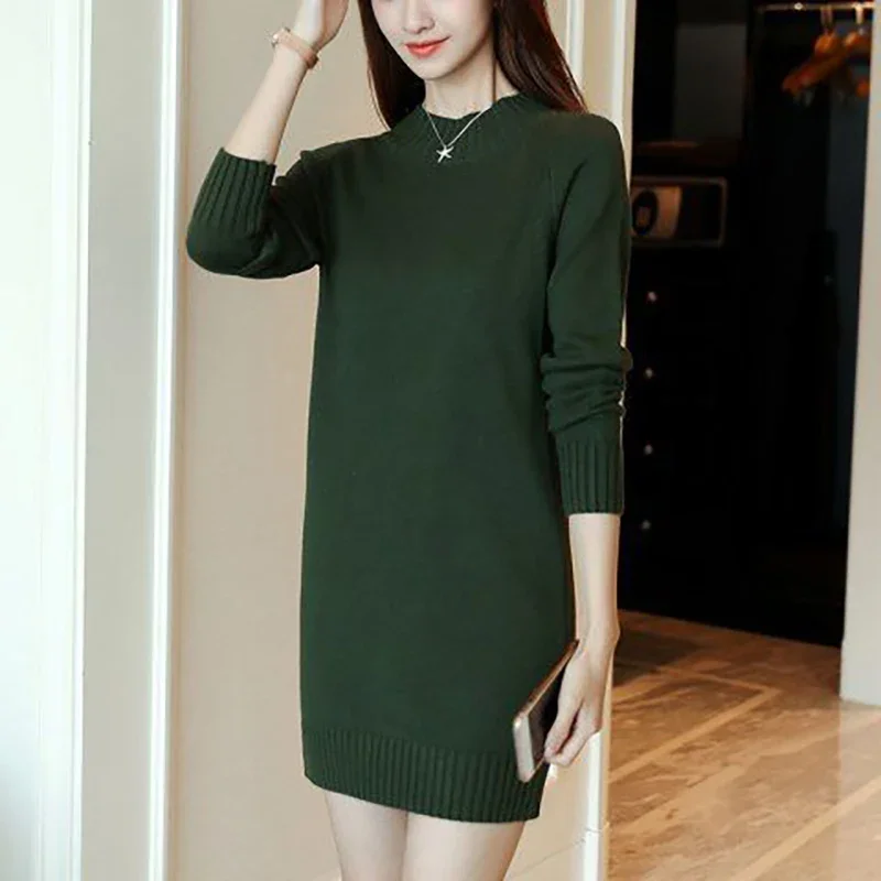 Fashion Loose Stand Collar Knitted Solid Color Casual Dresses Women\'s Clothing Autumn Winter Oversized Commuter Mini Dress N567