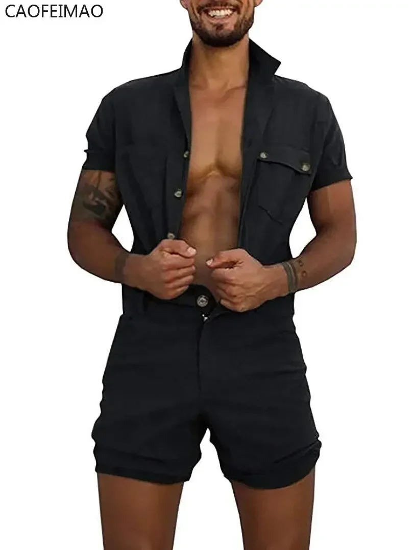 Men Jumpsuit Tight Short Sleeve Bodysuit Sexy Zipper Lapel Slim Tie-up Rompers Casual Short Pants Homewear Jumpsuit Mens Pajamas