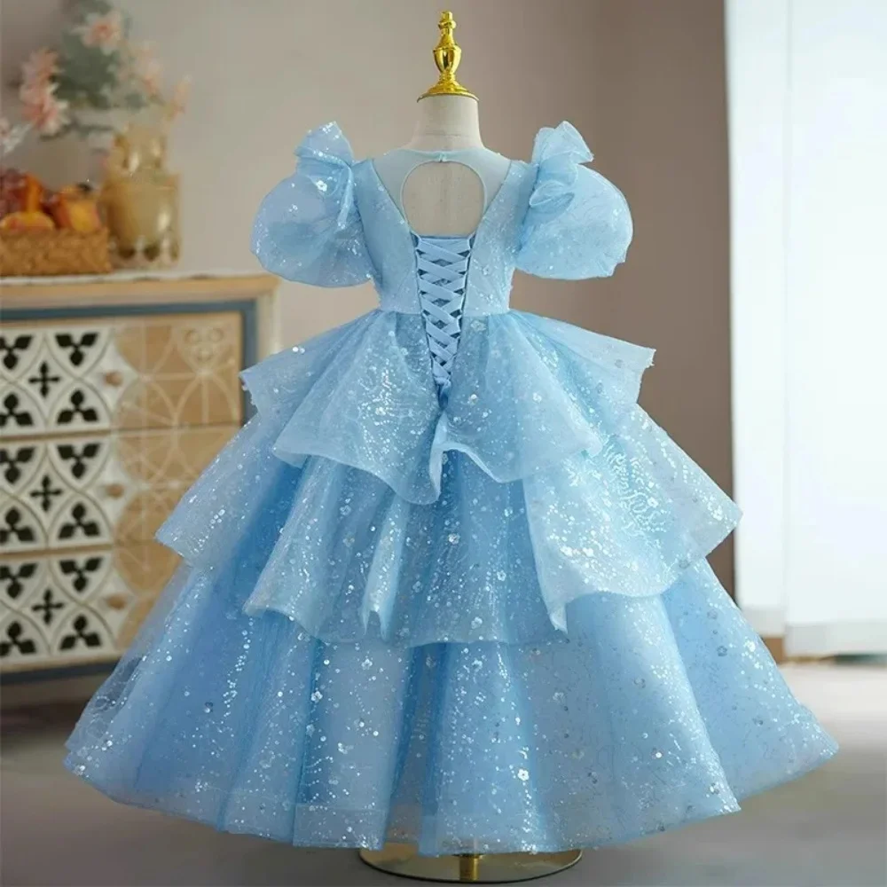 Sparkling Blue Flower Girl Dresses Pageant Puffy Sleeveless O-Neck A-Line Tiered Party Bridesmaid Prom First Communion Ball Gown