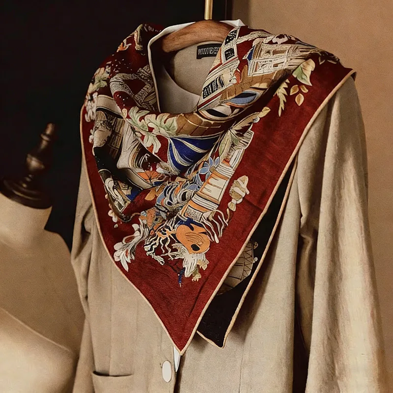 

2026 Luxury Brand Elegant Womens Shawl 70% Wool 30% Silk Red Print Square Scarf for Women Neck Warmer Vintage Hijab