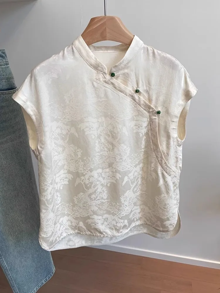 

New Chinese Sle Women's irt Loose ort Sve Embroidered Button Design Summer Faion Straight Cut Traditional Tang Cos...