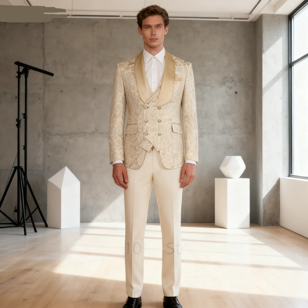 

Жаккардовый мужской костюм цвета шампанского из трех предметов для формального курения с лацканами Xale, пиджак, комплект для жениха, свадьбы, шафера, элегантный приталенный смокинг