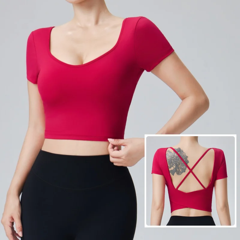 Yoga Top with Chest Cushion Women's Sexy Fitness Backless Sports T Shirts Short Sleeve Quick Drying Running Gym Workout Crop Top
