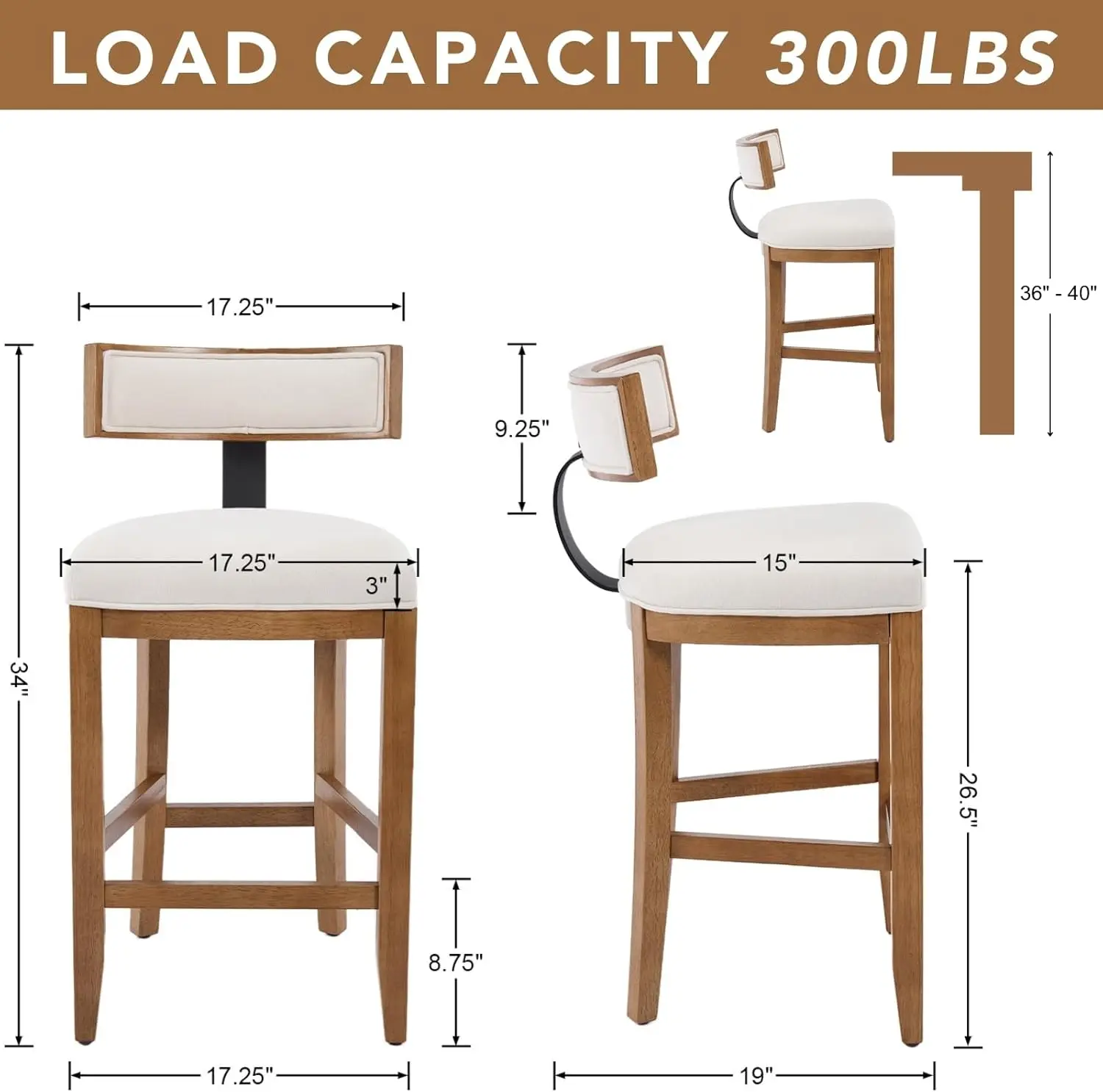 Rústico Madeira Contador Altura Bar Stools, conjunto de 4, fezes para cadeira, contador, linho estofado, 26,5 polegadas