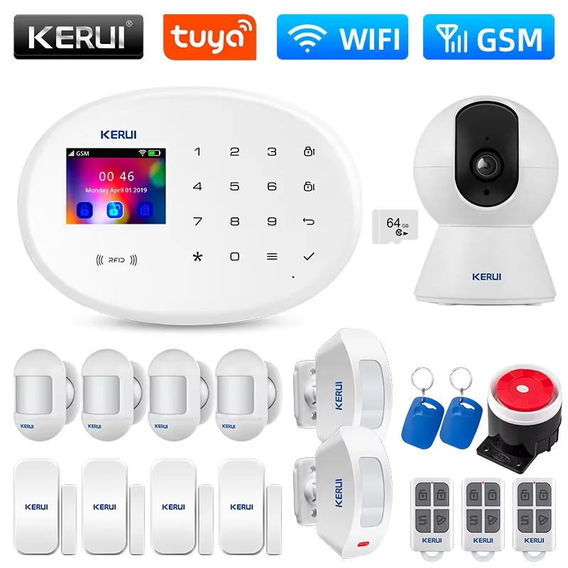 

KERUI Burglar Alarm System Wireless GSM Home Alarm Set with 433MHz Motion Sensor, Opening Door Sensor Tuya Smart APP W202