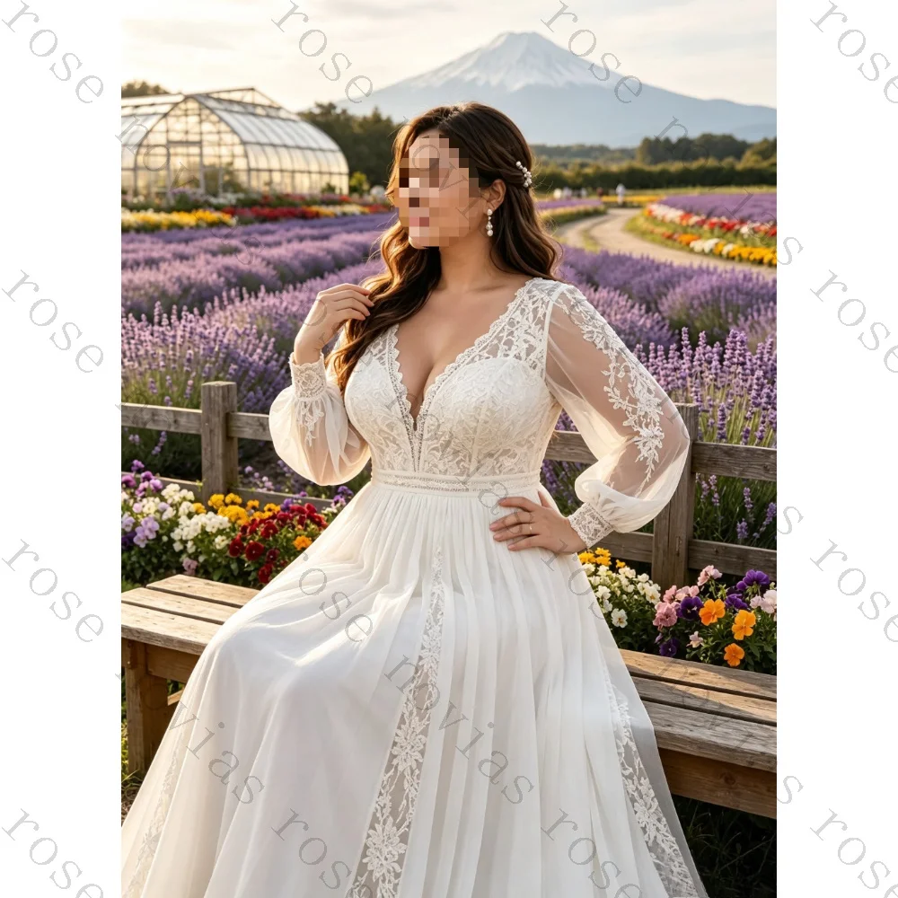 Customized Deep V-neck Long Sleeved Wedding Dress 2026 Chiffon A-line Bohemian Lace Decal Bridal Gown Suitable for The Beach