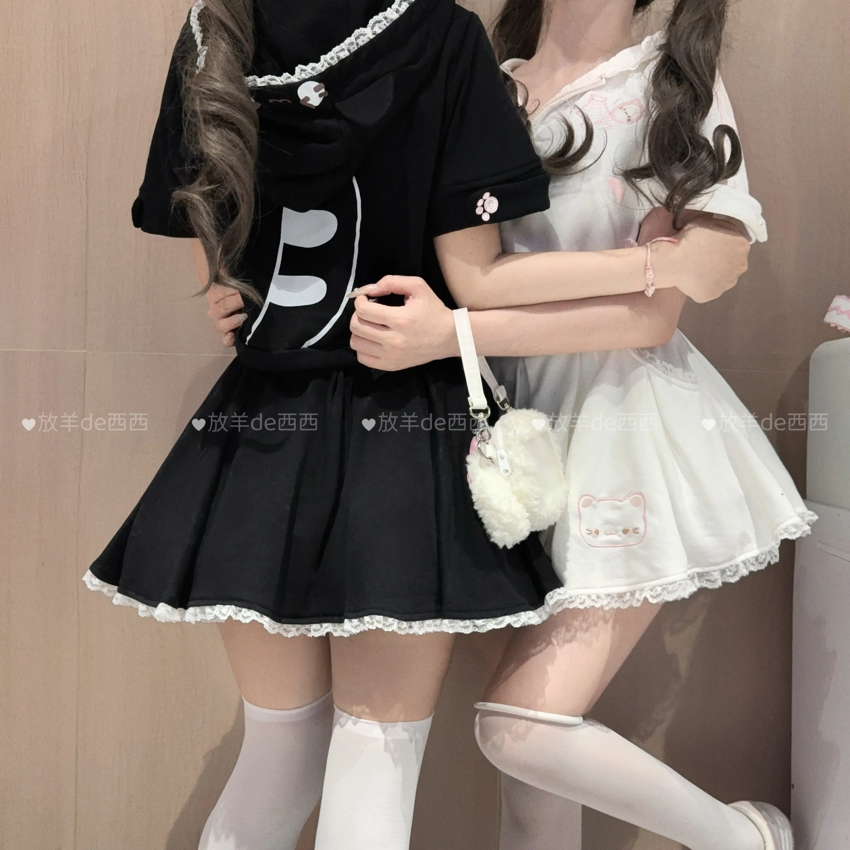 Kawaii Cat Embroidery Hooded Lolita Set Lace Trim Cat Ear Hoodie Skirt Outfit Original Soft Girl Suit Cute Sportswear