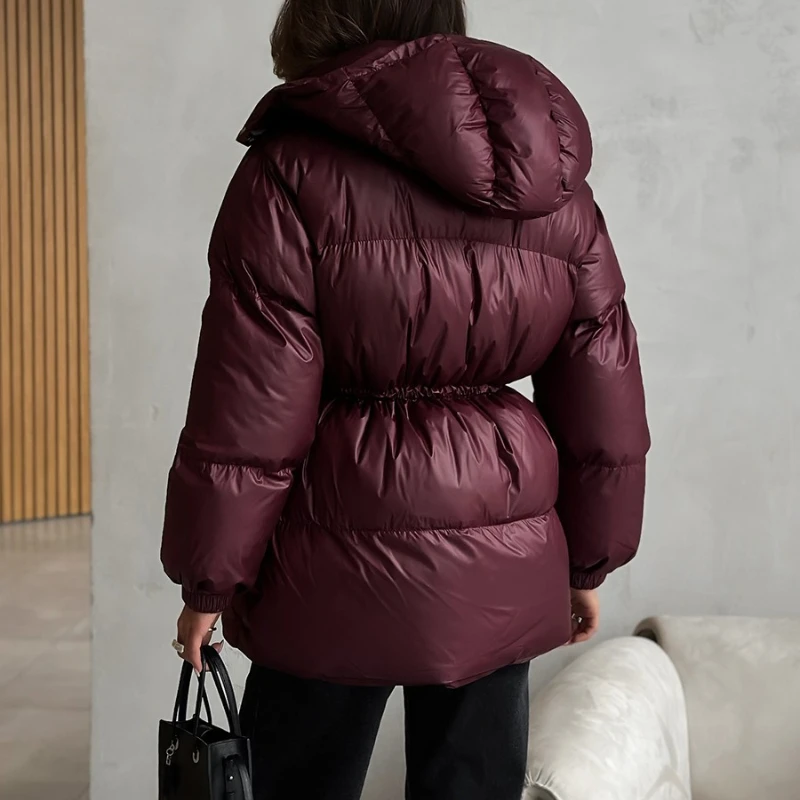 Thicken Cotton Jackets Women Standneck Zipper Long Sleeves Lace Up Detachable Hat Coats Female 2025 Winter Warm Fashion Outwears