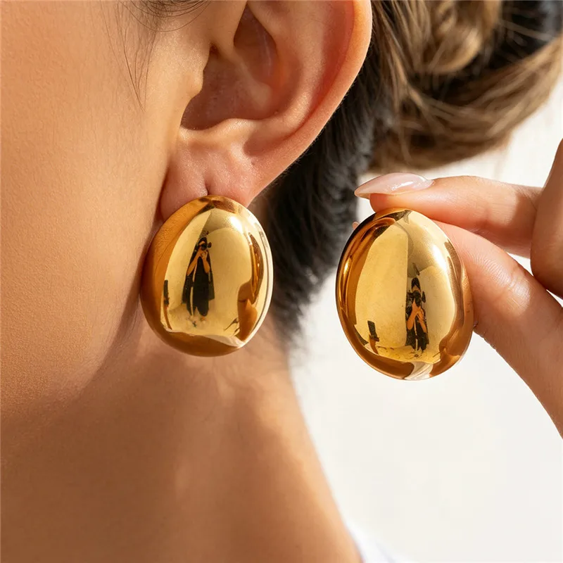 18K Gold Stainless Steel Oval Earrings for Women Simple Elegant Stud Earrings Daily Commute Accessory Jewelry
