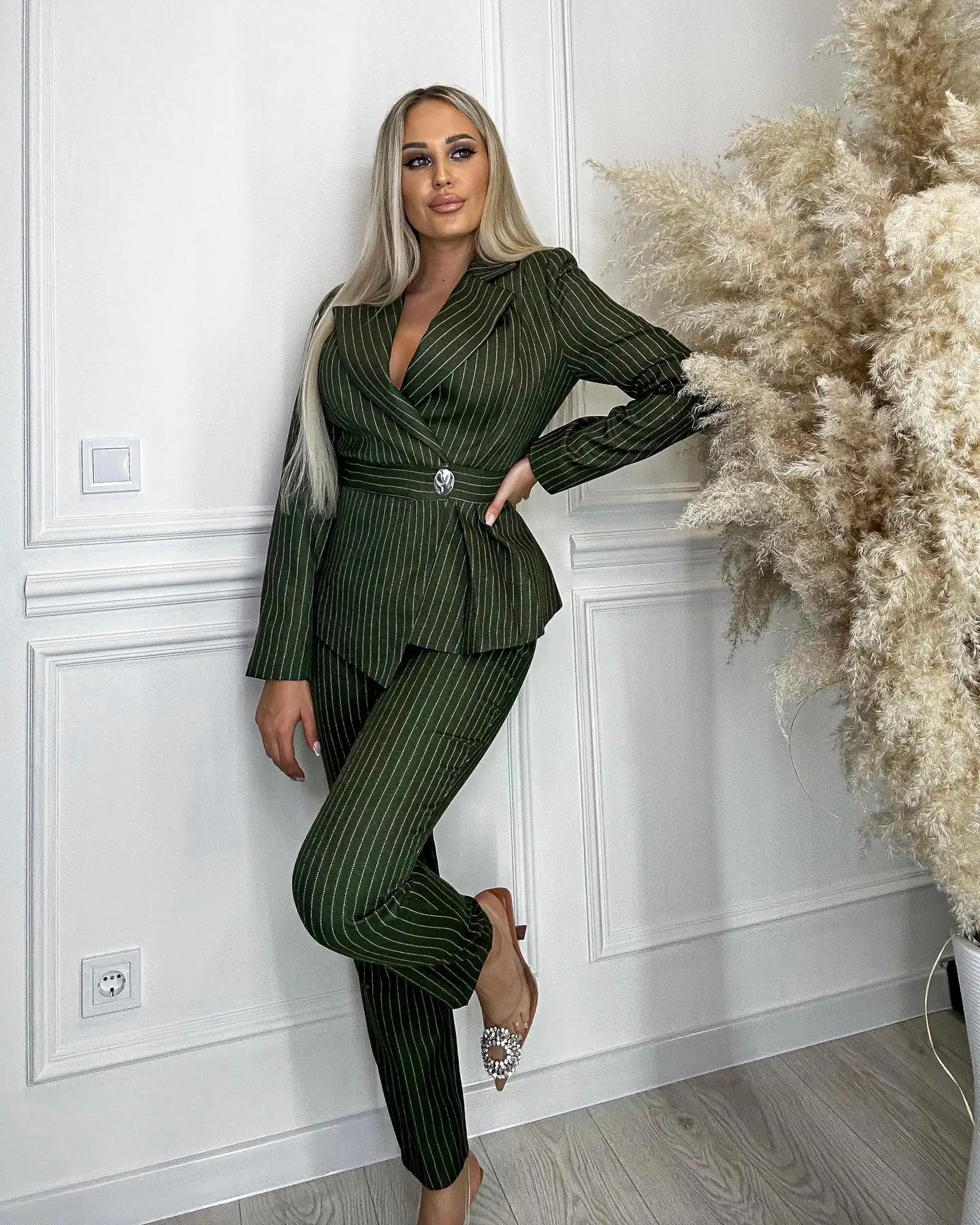 Chic Women Pants Suits Dark Green Striped Long Sleeve Office Female Streetwear Sportswear Two Pieces Sets