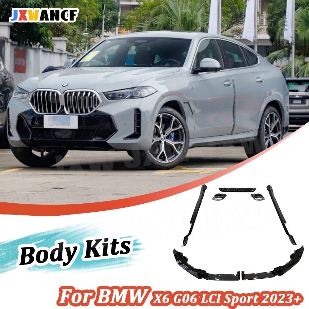 

JXWANCF для BMW X6 G06 LCI Sport 2023 + передний спойлер для губ, диффузор заднего бампера, насадки на выхлопную трубу, боковые юбки, автомобили