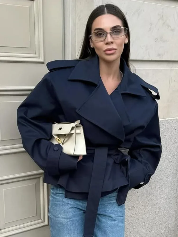 Cropped Lace-up Blue Casual Trench Coat Women Lapel Long Sleeve Wide Shoulder Windbreaker Jacket Fall Commute Daily Streetwear