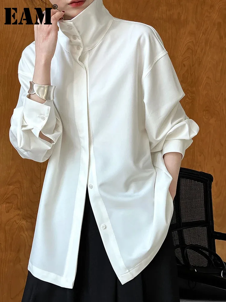 

[EAM] Women White Brief Elegant Big Size Blouse New Stand Collar Long Sleeve Shirt Fashion Tide Spring Autumn 2024 1DH6652