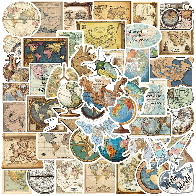 50PCS Retro Map Graffiti Stickers DIY Decorative Sticky Note Guitar Notebook Suitcase Skateboard Waterproof Decals Kids Toy Gift