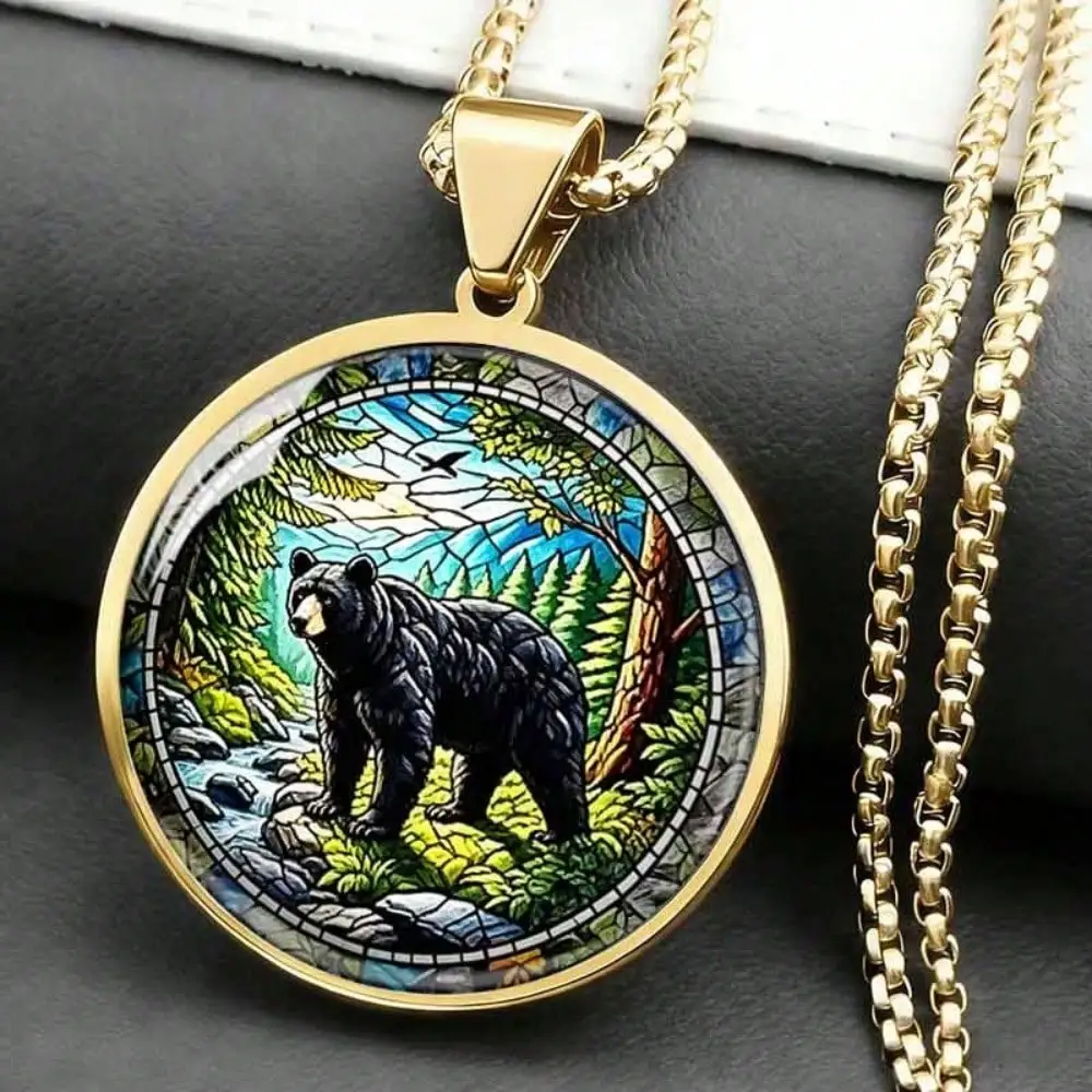 Nature-Inspired Bear Pendant Necklace, Gold Plated Forest Scene Jewelry, Great Gift For Animal Lovers Daily Use