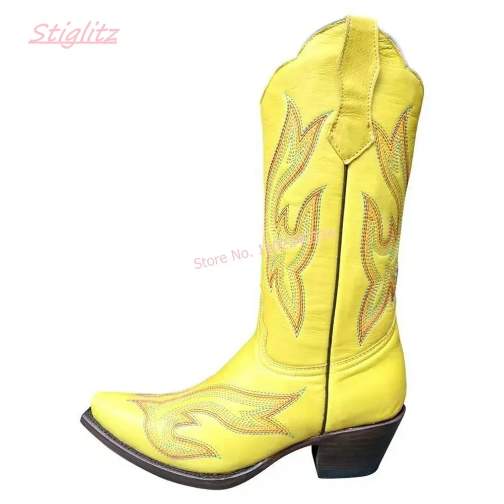 Pink Embroidered Cowboy Boots Solid Round Toe Footwear Flack Suede Mid-calf Boots 2025 Autumn Women\'s Low Chunky Heel Shoes
