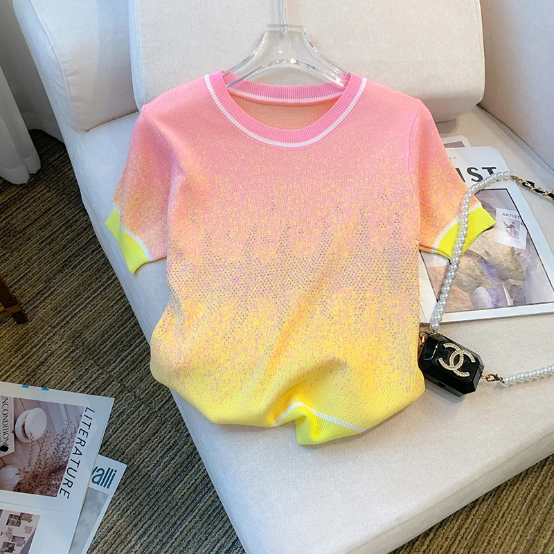 2023 Summer New Gradient Diamonds Short Sleeve Knitted T-shirt Women Casual O-neck Loose Pullover Thin Ice Silk Knitwear Top Tee